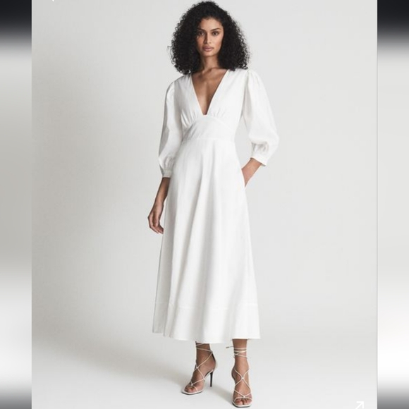 Christie Puff Sleeve Plunge Midi Dress Size 10 - Picture 1 of 14